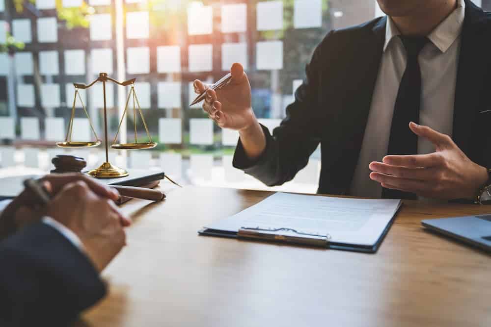 a lawyer discussing a case with a client